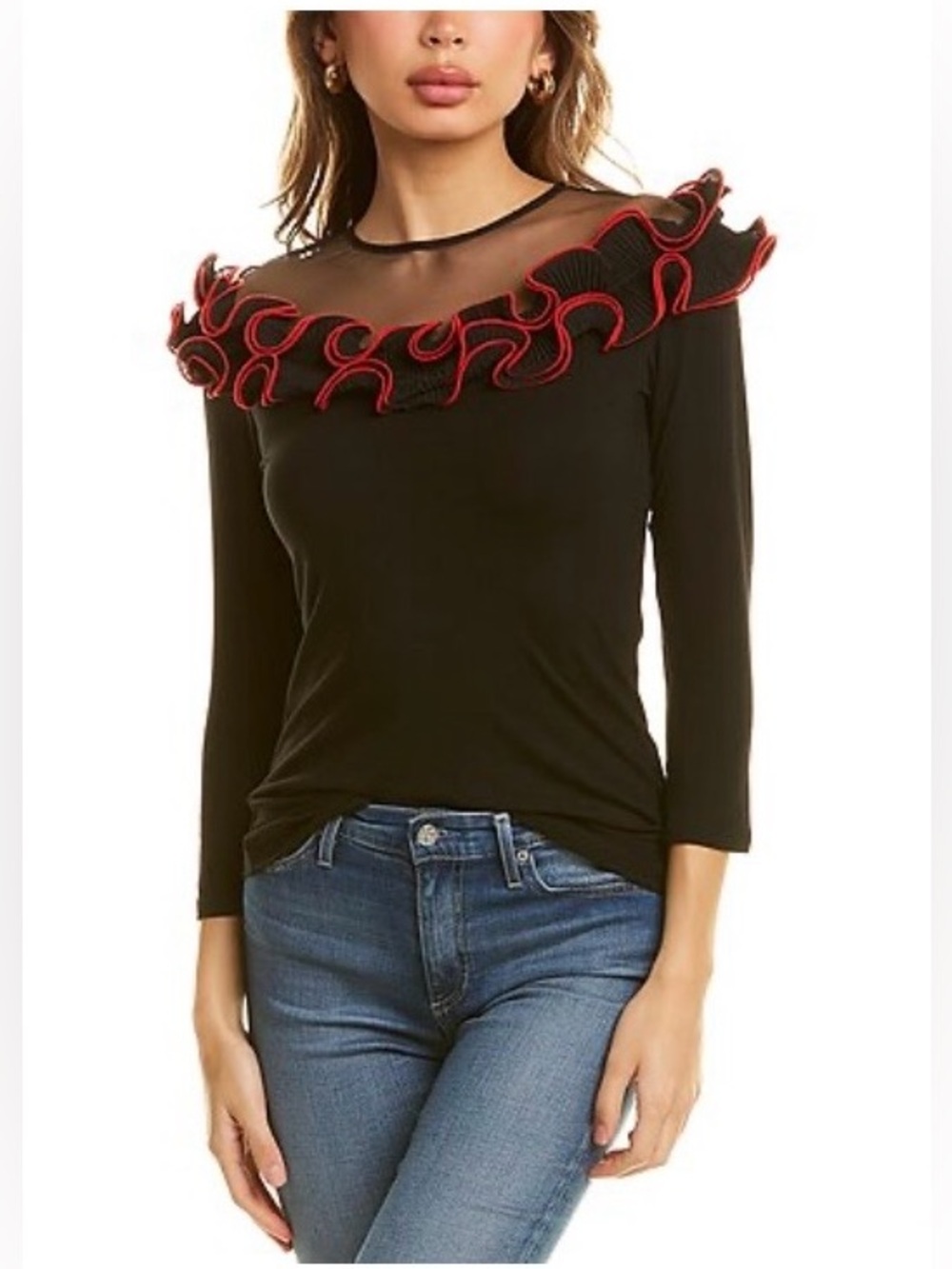 Gracia Black Long Sleeve Mesh Red-Trim Ruffle Top